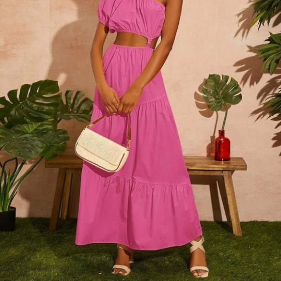 PINK PUFF SLEEVE ONE SHOULDER WAIST CUT OUT DETAIL MAXI DRESS SUMMER VACAY - Picture 4 of 6